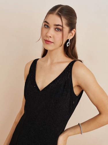 Latin Quarters Women's Black V-Neck Sleeveless Solid Party Fit & Flare Dress_XL