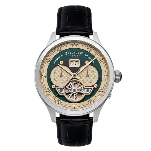 Thomas Earnshaw Men's 43mm Baron Grand Date Calendar Open Heart Automatic Watch with Leather Strap ES-8187, Green, Baron Grand Date Calendar Open Heart Automatic