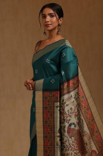 Soch Womens Teal Tussar Botanical Printed Sarees