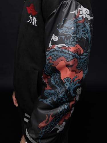 The Souled Store Bomber Jacket: Dragon Men and Boys Full Sleeves Spread Collar Black Graphic Printed Polyester Oversized Fit Lightweight Winter Bomber Jacket