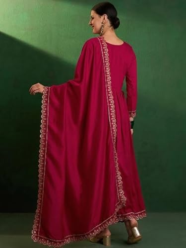 AVYUKTHA | Women Ethnic Motifs Embroidered Kurta with Trors & Dupatta | Traditional Thread Work Kurta Set for Festive & Daily | Red | Size- XL