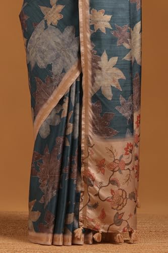 Soch Womens Blue Tussar Botanical Saree