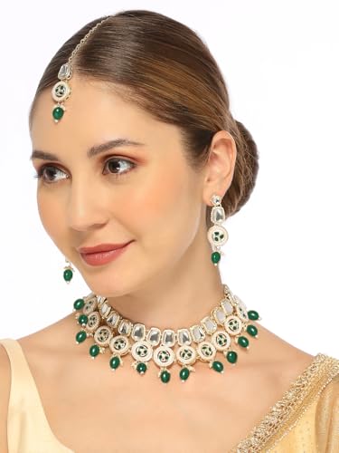 OOMPH Jewellery Green Kundan & Pearls Necklace Set with Drop Earrings & Maangtikka For Women & Girls Stylish Latest (STSET163_Z)- For Women & Girls Stylish Latest