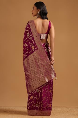 Soch Womens Wine Satin Botanical Zari Woven Saree