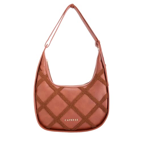 Caprese Athena Medium Hobo Bag for Women | Stylish Shoulder Bag with Plush Chenille Embroidery with Secure Zip Closure | Multi-Compartment Designer Handbag for Work & Travel (Tan)