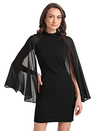 Kazo Women's Polyester Fit and Flare Knee-Length Dress (124070BLACKS_Black