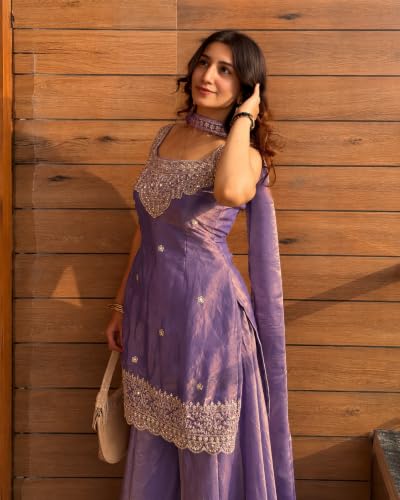 VARNI FABRICS: A lady's First Love Women's Silk Blend Embroidered Straight Kurta Set With Dupatta And Flared Palazzo