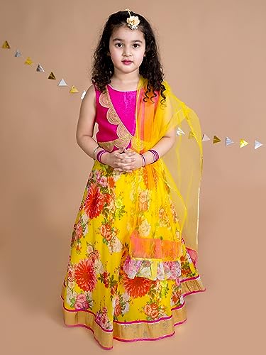 Pspeaches Girl's Yellow Pink Embroidered Polyester Readymade Lehenga Choli Set(Yellow-5-6Y)