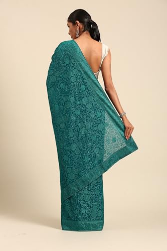 MOHEY Women's Georgette Embroidered Rhinestone Embellished Saree(Green)
