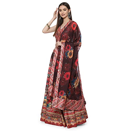 BIBA WOMEN PRINTED FLARED SALWAR KURTA DUPATTA(SKDASSORTED8199_CHOCO BROWN_38)