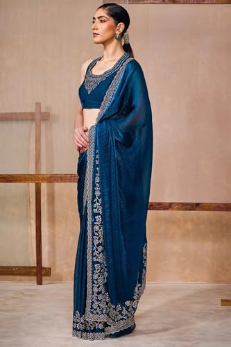 Soch Womens Teal Blue Fendy Chiffon Embellished Saree With Stone Work
