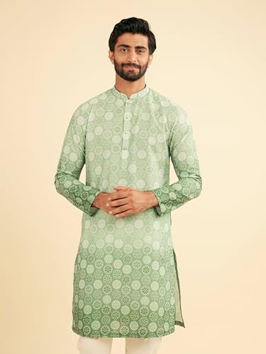 Manyavar Men's Cotton Blend Circular Bandhani Prints Kurta Pyjama Set (Light Mid Green,S)