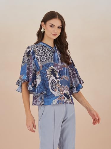 Latin Quarters Women Blue Cape Sleeves Tie Neck Printed Top for Casual_XXL
