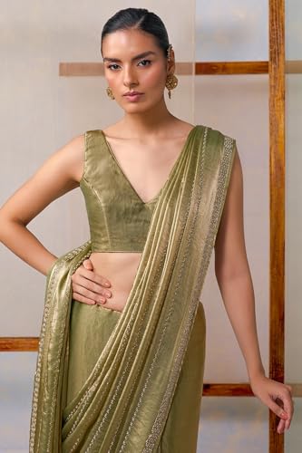 Soch Womens Light Olive Fendy Organza Embellished Saree With Stone Work