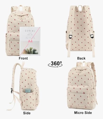 Satic School & College Backpack for Teens Large 25L Corduroy Bookbag Lightweight for Girls Women Lightweight Travel Backpack (Strawberry Beige)