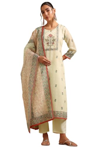 Soch Womens Cream Linen Botanical Salwar Suit With Beads And Stones
