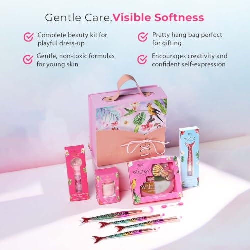 Whimsy Beauty Pretty Hang Bag Beauty Kit | Non-Toxic Beauty Set for Kids & Pre-Teens |Lip Gloss, Lip Tint, Eyeliner, Eyeshadow Palette, Mermaid Brushes & Puff Blender |Vegan & Cruelty-Free (Pack of 9)