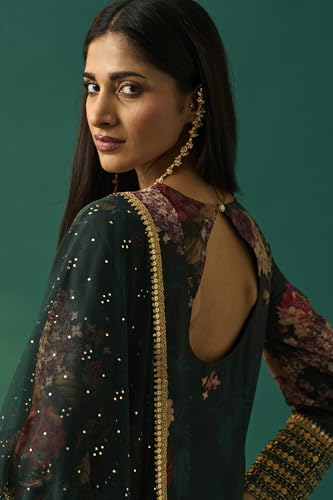 Wishful Women's Green Floral Printed Embellished Straight Kurta with Salwar and Dupatta Set - (SP12851-126770-S)