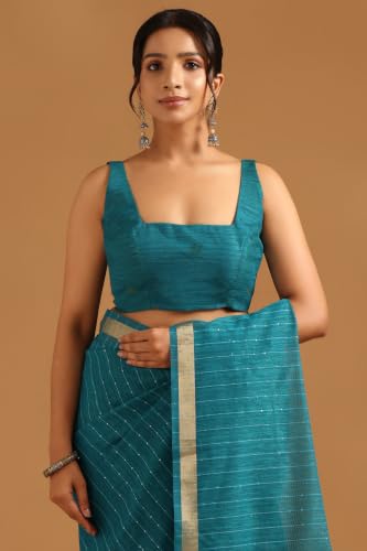 Soch Womens Turquoise Blue Tissue Botanical Zari Woven Saree