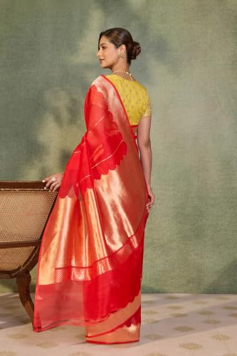 Taneira Red Pure Silk Organza Kadwa Banarasi SareeWith Unstitched Blouse(SAIH02AD6178-Red)