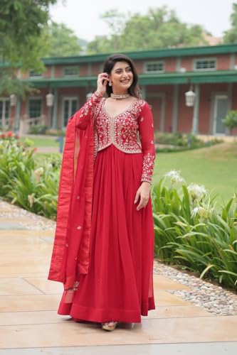 Designer Red Anarkali Gown, Embroidered Georgette Floor Length Dress with Dupatta, Traditional Indian (in, Alpha, M, Regular)
