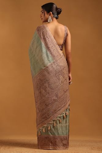 Soch Womens Light Green Tussar Ethnic Motifs Saree With Kantha Embroidery