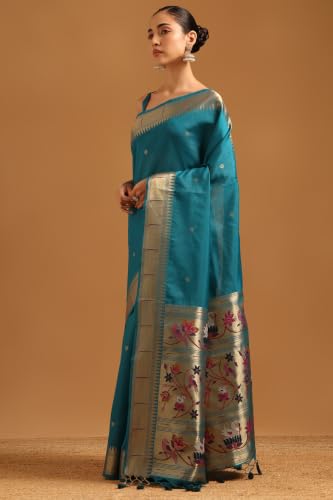 Soch Womens Teal Tussar Botanical Zari Woven Zari Border Saree