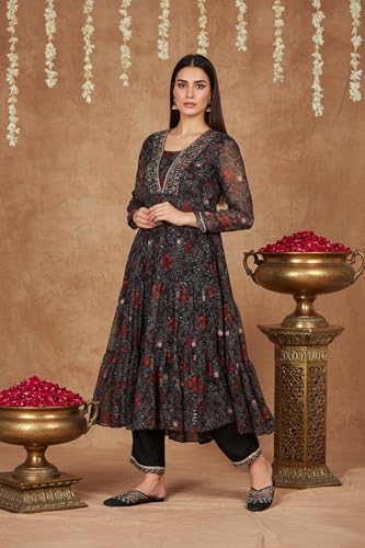 W for Woman Black Floral Printed Chiffon Flared Kurta with Straight Pant and Dupatta Set (WS13197-126216-XS)