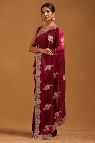 Soch Womens Wine Organza Floral Saree With Zari Embroidery and stone work