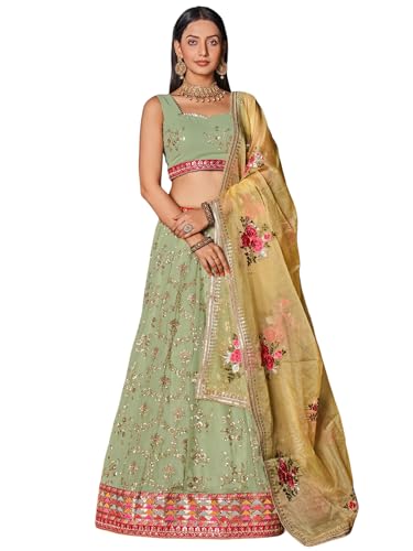 Zeel Clothing Women's Zari Sequins Embroidered Georgette Lehenga Choli With Dupatta (5086-Pista-Wedding-Stylish-New; Free Size)