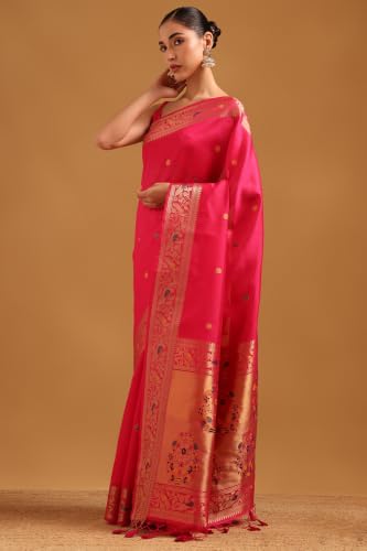 Soch Womens Fuchsia Tussar Zari Woven Bird Motifs Saree