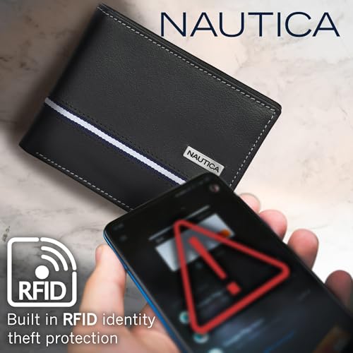 Nautica Men's Bifold Leather Wallet | RFID Blocking | ID Window | Card Slots | Organization | Durable | Stylish, Logo Ribbon - Black, One Size, Bifold Leather Wallet | Rfid Blocking | Id Window | Card