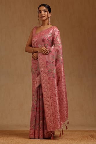 Soch Womens Blush Pink Chanderi Floral Zari Woven Saree