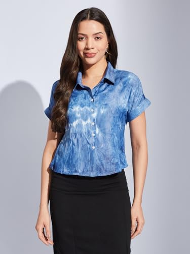 Latin Quarters Women Blue Collared Short Sleeve Tie & Dye Shirt Blouse for Casual Wear_S