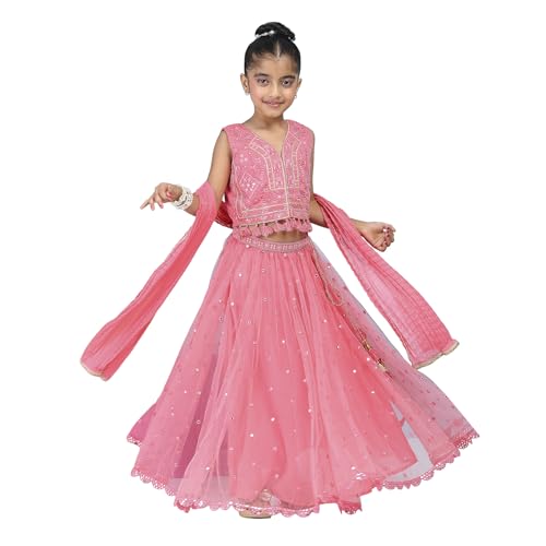 Biba Girls Pink Cotton Satin Solid Regular Lehenga Set_12-13Y
