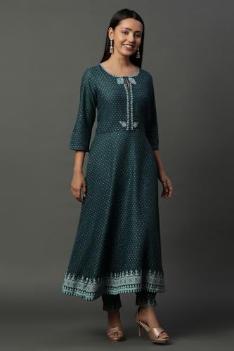 W for Woman Women's Rayon Kurta, Straight Pant & Dupatta (23AUSTWS10104-119928_Teal Green