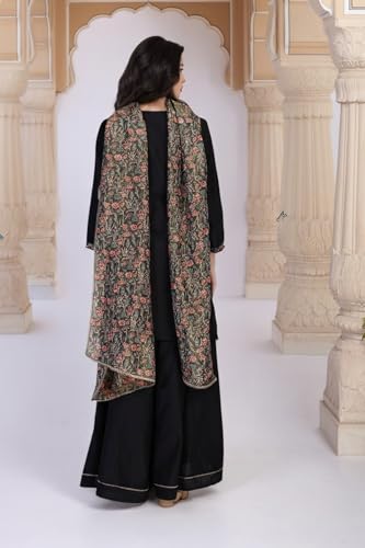 W for Woman Floral Thread Embroidered Straight Woven Kurta with Flared Pant and Printed Dupatta Set - Black (WS13275-224385-XXL)