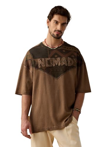 The Souled Store Nomad: Boho Men and Boys Short Sleeves Round Neck Brown Graphic Printed Tribal Casual Drop Shoulder Streetwear Trendy Super Oversized T-Shirt