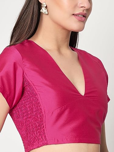 studio rasa Women's Silk Blend Short Sleeve Stretchable Fitted Blouse for Wedding Party Festive Ethnic (Tpwc42318M_Pink_Medium)