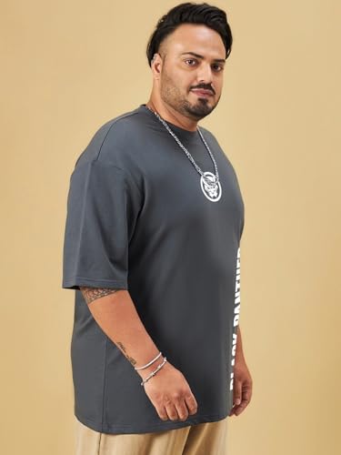 Bewakoof Heavy Duty® 1.0 Official Marvel Merchandise Wakanda Forever Men's Graphic Print Oversized Fit Half Sleeve Round Neck Cotton Blend Plus Size T-Shirt_694187_Grey_4XL