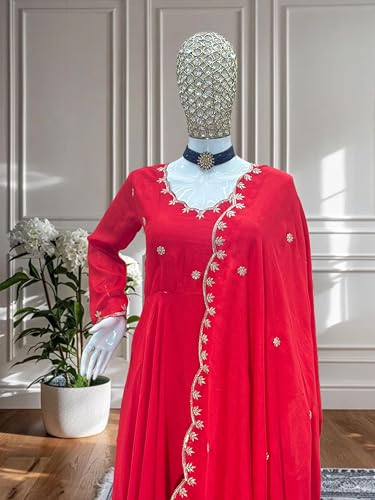 Traditional Red Anarkali Dress with Embroidered Details, Elegant Traditional Style (in, Alpha, XL)