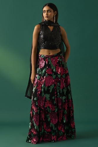 Wishful Women's Black Sequined Embellished Blouse with Skirt and Dupatta Set - (SP11498-401218-M)