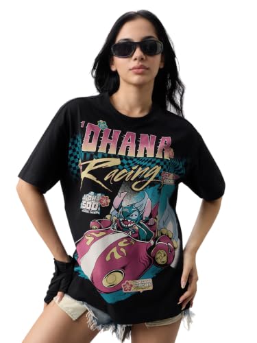 The Souled Store Lilo & Stitch: Ohana Racing Women and Girls Short Sleeves Round Neck Black Graphic Printed Cotton Oversized Breathable Lightweight All-Season T-Shirts