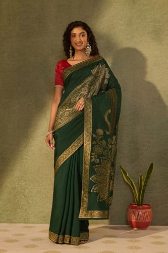 Taneira Dark Green Pure Viscose Woven Saree with Unstitched Blouse Piece (8909182563346 - Dark Green)