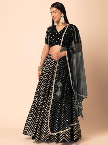 Zeel Clothing Women's Sequins Zari Embroidered Georgette Designer Lehenga Choli with Dupatta (7094-Black-Womens-Lehenga-Choli-Latest; Free Size) (Black)