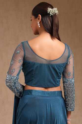 Soch Womens Teal Nylon Blend Solid Ready To Wear Saree With Cutdana