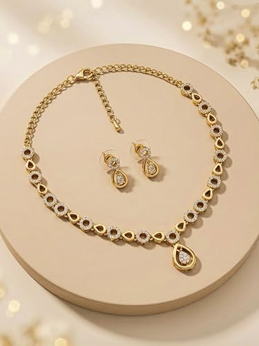 Brado Jewellery Gold Plated Brass Leaf Design American Diamond White Ad Necklace & Earrings Set for Women and Girls | Adjustable Neck Chain Trendy Contemporary Anti Tarnish Western Choker | Party, Wedding and Anniversary (White)