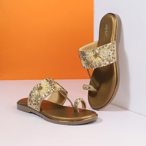 Mochi Women Antique Gold Chappals UK/4 EU/37(35-2374)