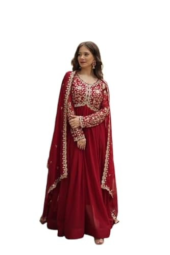 Women's Maroon Anarkali Gown with Gold Embroidery, Traditional Wedding Party Dress, Long Floor Length (in, Alpha, M, Regular)