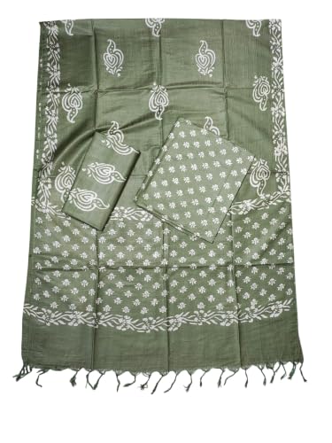 Ivikta Women's Unstitched Salwar Suit Dress Material with Dupatta | Batik Print Katan Silk Suit Dress Material (Olive Green)